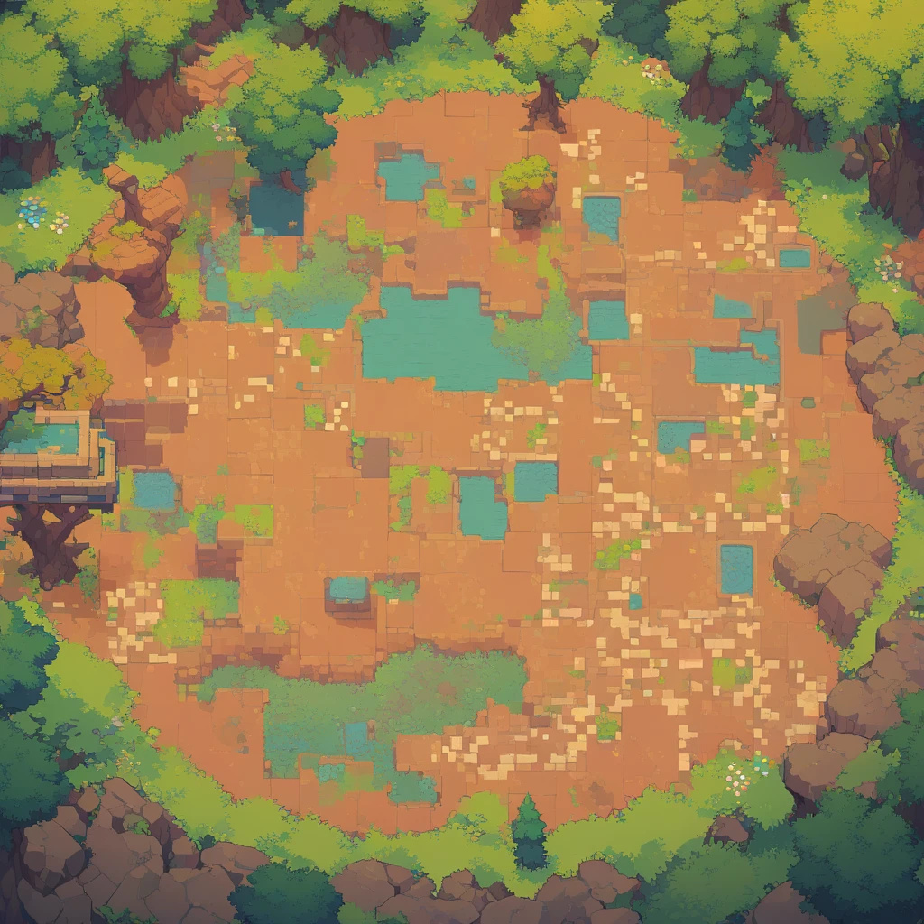 retro video game style,pixelated, vibrant pastel colors,8-bit characters,blocky shapes,sharp lines,detailed shading,classic gaming vibe,nostalgic atmosphere,classic arcade games,masterpiece:1.2,ultra-detailed,illustration style, 2d texture, clay texture, stone texture, 4 k seamless mud texture, video game texture, dirt texture, tileset, game tiles, clay material, flat texture, grass, trees, rock texture, rocky ground, forest, topdown view, game texture, game art, ground very detailed, dirt, floor texture, tileable texture, flowers, bushes, shrubs, intricate ground stone, top down view, 3/4th perspective