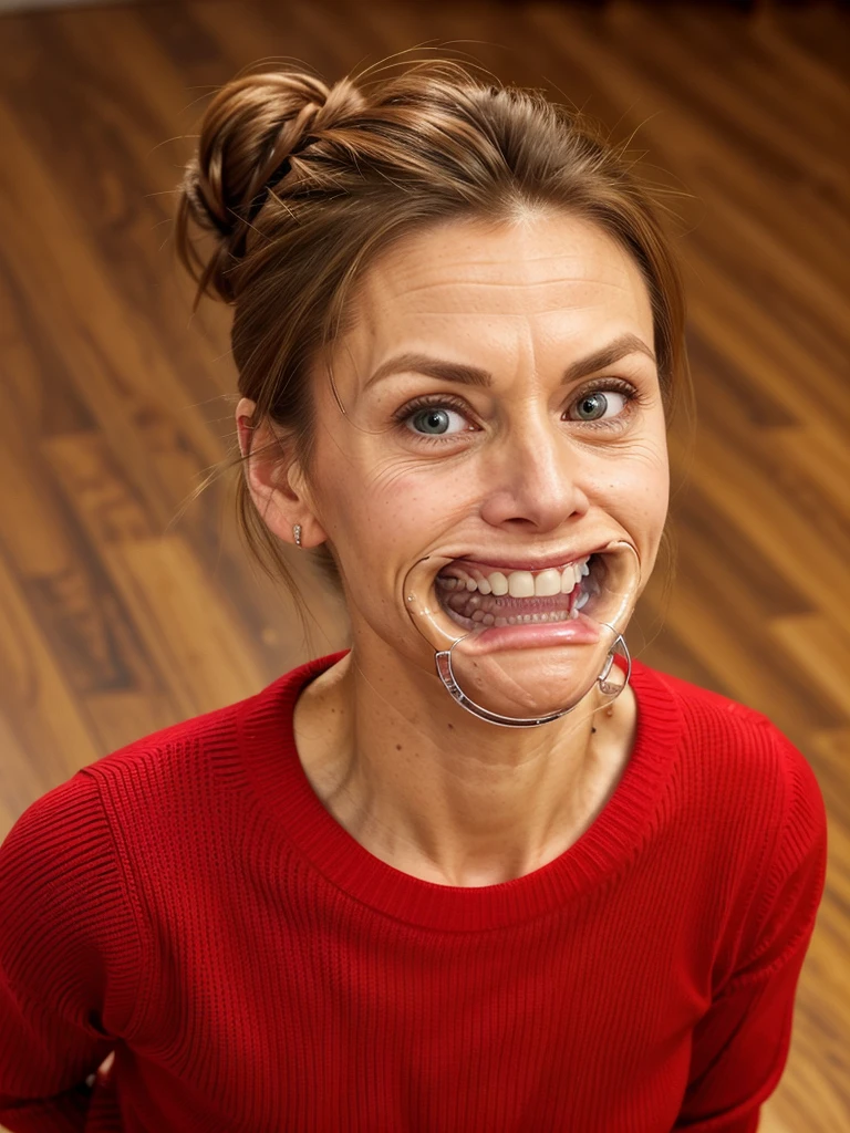 photo of a skinny very old wrinkly-faced faced mature submissive wife messy long hair thrown into a messy bun ponytail. She wears: (turtleneck high ribbed bright red tight red sweater:1.1), submissive seductive pose, high tight ribbed neck, seductive smile, perfect fake tits, horny eager granny, teasing sexy old lady, mouth retractor gag