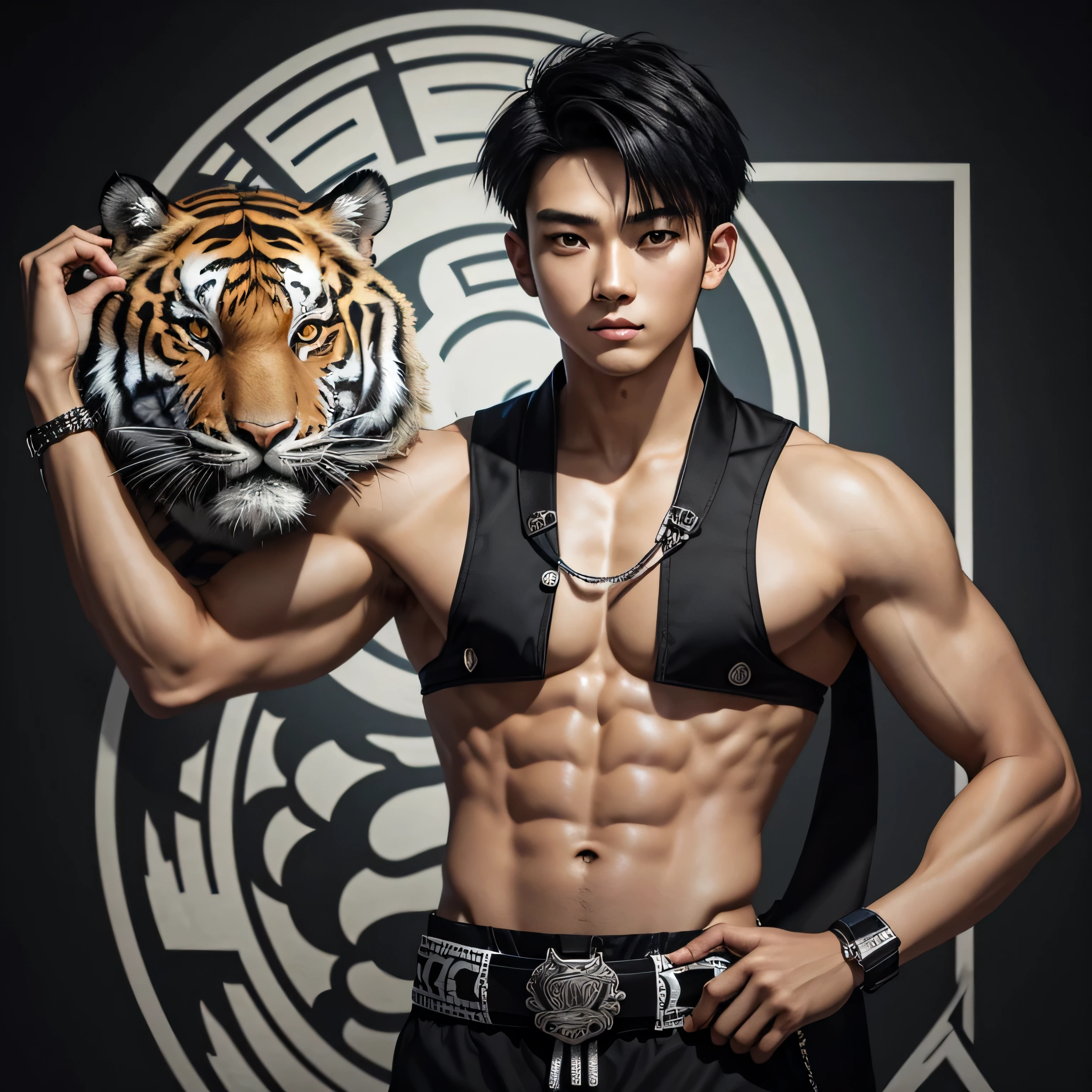 20-year-old boy in Japanese clothes with tiger print, slim muscular complexion, black and silver, short black hair, facing the viewer, silver fabric belt, band with tiger symbol, in the background of a Chinese altar
