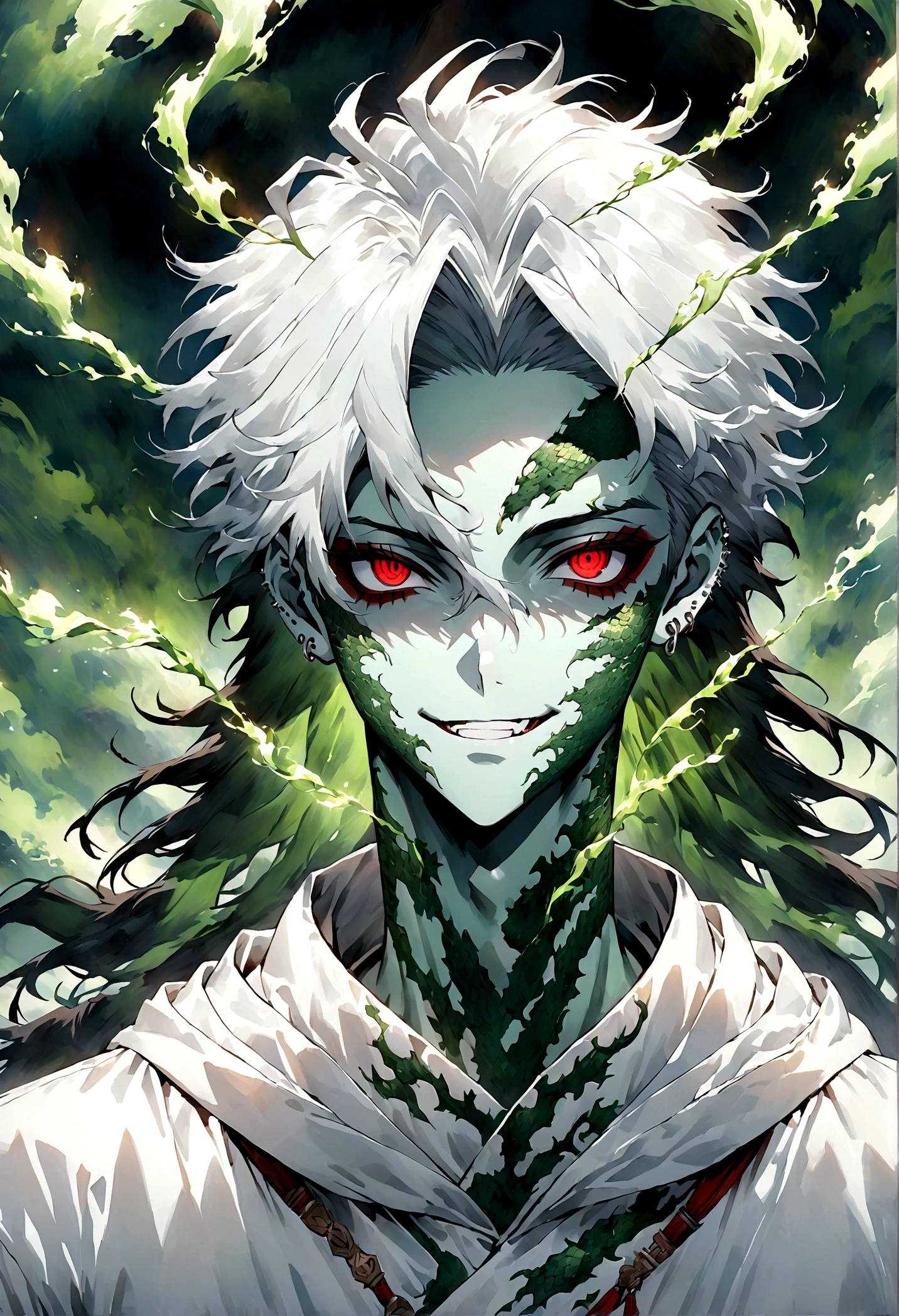 Generate an anime-style illustration of a age male character with the appearance of a Gorgon. He should have pale skin, sharp facial features, and a monstrous look, with green scales covering parts of his face and body. His hair should be made entirely of slender, elegant white snakes with subtle green highlights, all oozing a green liquid aura. The snakes should have piercing red eyes. The character should be wearing a white trench coat hoodie with accents of green, creating a harmonious green and white color theme. He should have a sinister grin on his face. Please ensure that the overall aesthetic remains true to traditional anime art style.