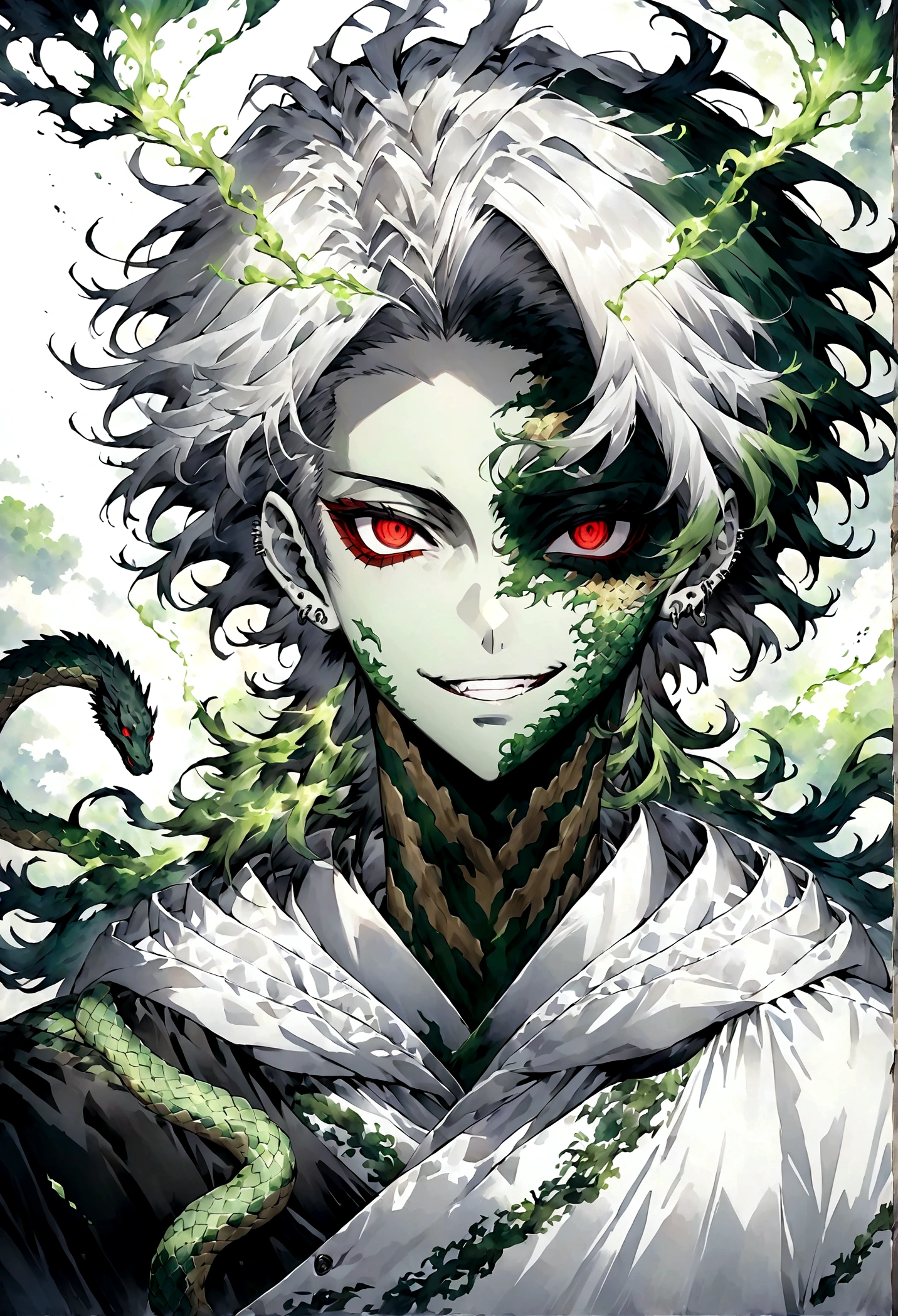 Generate an anime-style illustration of a teenage male character with the appearance of a Gorgon. He should have pale skin, sharp  features, and a monstrous look, with green scales covering parts of his face and body. His hair should be made entirely of slender, elegant white snakes with subtle green highlights, all oozing a green liquid aura. The snakes should have piercing red eyes. The character should be wearing a white trench coat hoodie with accents of green, creating a harmonious green and white color theme. He should have a sinister grin on his face. Please ensure that the overall aesthetic remains true to traditional anime art style.