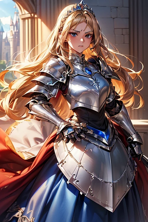#Basics A girl is posing for a photo, animeのかわいい女の子, (((One Girl, Baby Face, Young girl, 16 years old))), 
BREAK 

#Clothing Accessories 
((Silver and Blue)Quinceañera(Long skirt dress)Armor of:1.6) + (Red gemstone embedded(Silver and Blue)Breastplate:1.6), (Black Gauntlet:1.6), (Red cape with shoulder pads:1.6), (Silver and Blue)Combat Boots:1.4),  
((Luxury Silver Bracelets, large silver necklace, Silver Tiara)), 
BREAK 

#Features 
(((Blonde:1.6)), Bangs that expose the forehead:1.4, Chest-length sideburns:1.4 + Curly hair:1.4, (Long Hair : Long Hair + Curly Hair + Curled up + Plump and voluminous + very thick hair + Large black ribbon)), 
(Droopy eyes,blue eyes), (Small breasts), 
BREAK 

#expression 
(Glaring, Screaming, Angry), 
#background environment 
((noon, Sunshine + Castles in a fantasy world:1.4, Wielding a sword:1.4)), 
#composition 
((To the camera:1.4, Dynamic Pose:1.4, Cowboy Shot:1.4)), 
BREAK 

#Body parts elements 
(Detailed hair, Beautiful Hair, Shiny Hair), 
(double eyelid, Long eyelashes), 
(Expression of fine eyes, Beautiful and delicate eyes, Sparkling eyes, Eye Reflexes), 
(Human Ear), 
(Beautiful Nose, Thin Nose), 
(Glossy lips, Beautiful Lips, Thick lips), (Symmetrical  features), 
(Detailed skin, Textured skin, Beautiful Skin), 
BREAK 

#Quality 
(((Highest quality)), ((masterpiece)), ((Very detailed))), ((High resolution), (16K,1080P)), 
(Realistic), (Anatomically correct), 
((comics, anime)), (3DCG), CG illustration,
