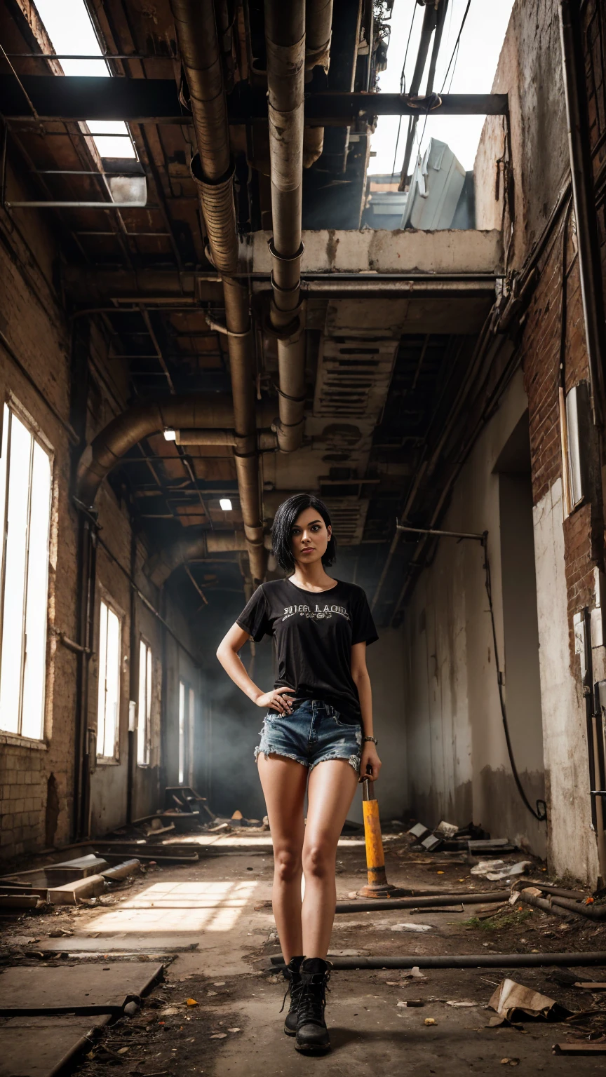 A woman between 25 and 30 years old with slender short straight black hair dark brown eyes, wearing a black t-shirt and black denim shorts, is standing holding a very large wrench, the environment is the interior of an old abandoned factory with pipes and registers everywhere sunlight coming from above some dry leaves on the floor dust grains in the air rust in the pipes small steam leaks in some pipes, the image conveys the beauty of a professional photograph highlighting the beauty of the girl and the details of the factory where she is.