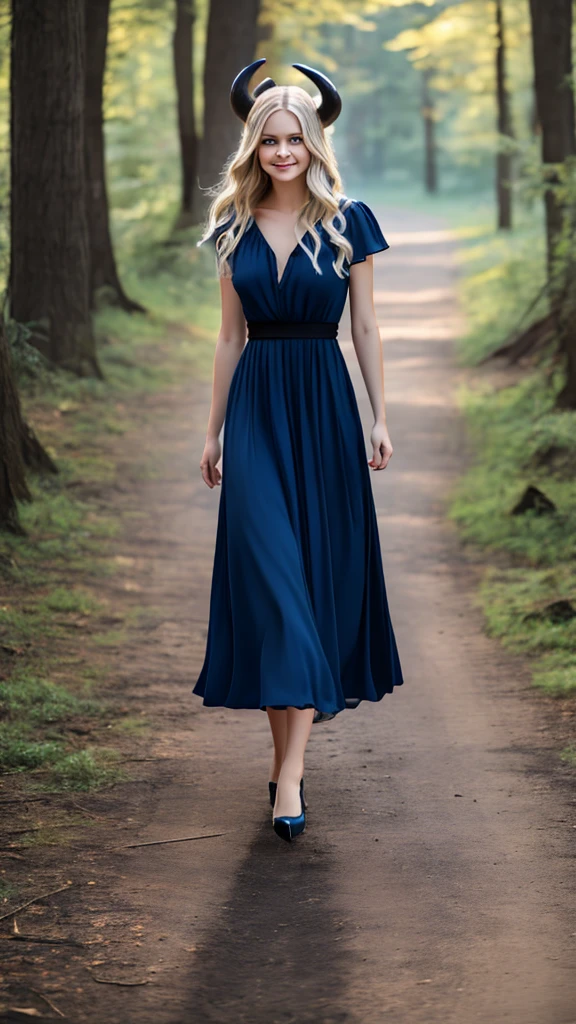 Real、 Looks real、 devil、A long horn grows from its forehead、 A beautiful blonde-haired, blue-eyed woman in her twenties、 Wearing a black blue dress、Full Body、Smile eerily、8K