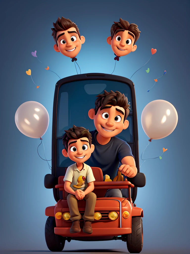 Create disney style illustration of man driving a small school bus, happy man with perfect teeth and somewhat muscular but slim in casual clothes, straight hairstyle black hair. Add birthday balloons. Make a Disney Pixar style illustration. The man must drive the small bus as a driver. Add a movie title that says “happy birthday uncle king”