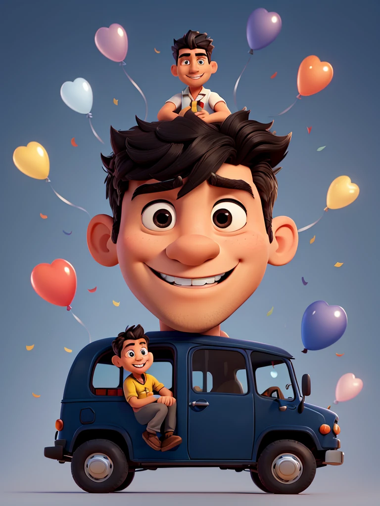 Create disney style illustration of man driving a small school bus, happy man with perfect teeth and somewhat muscular but slim in casual clothes, straight hairstyle black hair. Add birthday balloons. Make a Disney Pixar style illustration. The man must drive the small bus as a driver. Add a movie title that says “happy birthday uncle king”