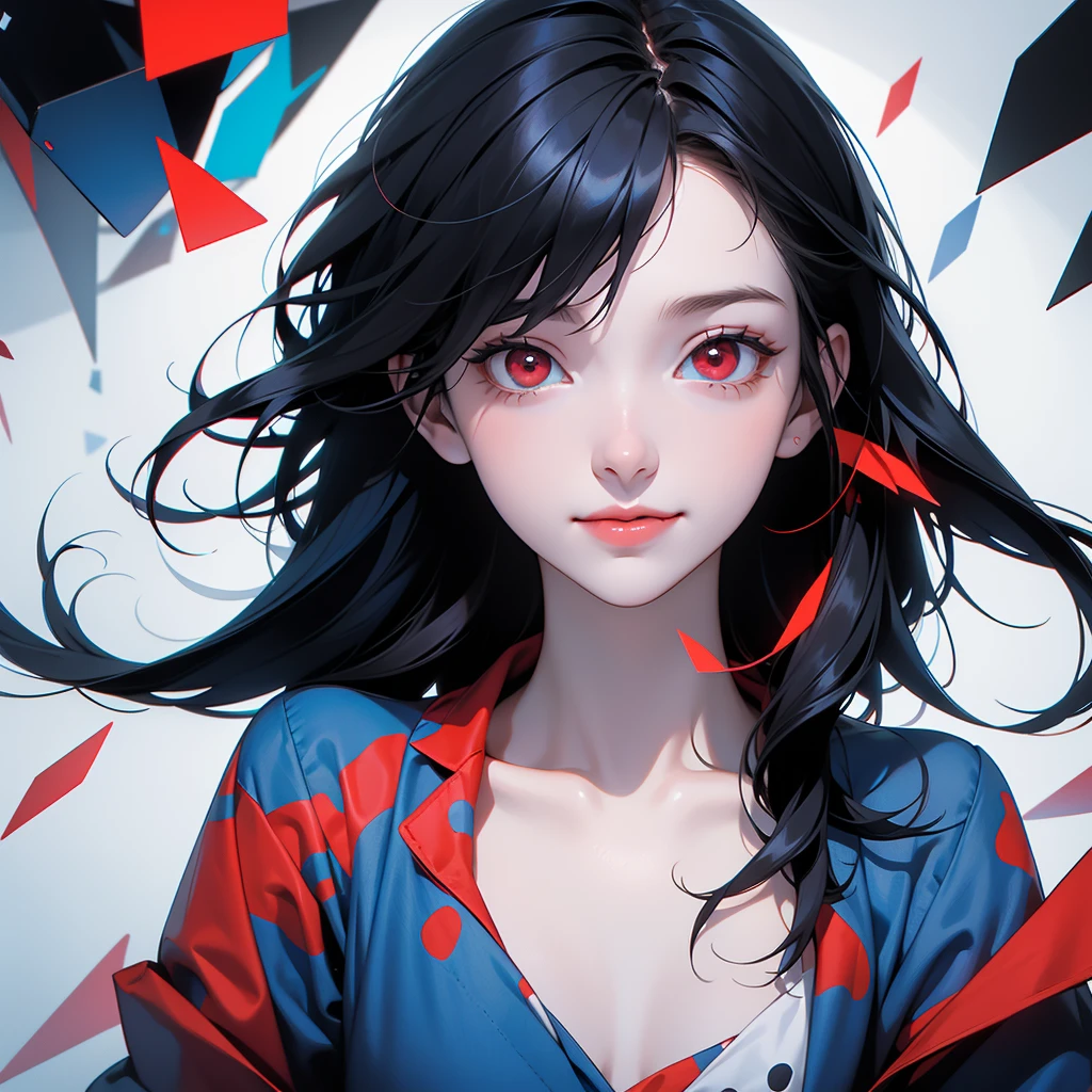 girl, with many blue and red capsules, several blue and red capsules floating, slight smile, red eyes, very pale skin, black hair, schizophrenic image.