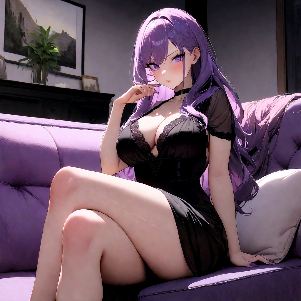 1 woman, mature, busty, beautiful, tall, attractive, , ((Long hair))((pink and purple hair)), ((violet eyes))((purple nails)), ((Woman wear black dress, black choker)), ((living room, sitting on sofa)), looking at viewer, angry, crossing legs, 8k, masterpiece, ray tracing