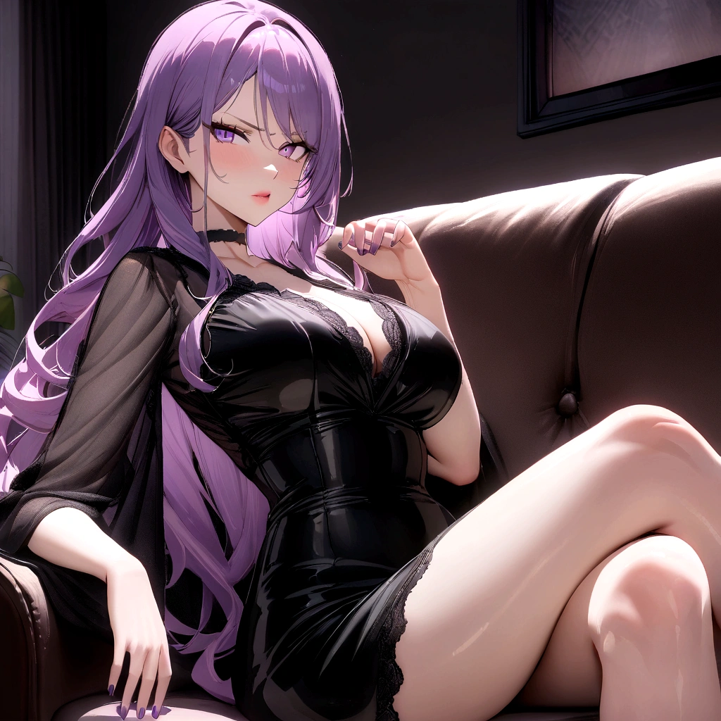 1 woman, mature, busty, beautiful, tall, attractive, MILF, ((Long hair))((pink and purple hair)), ((violet eyes))((purple nails)), ((Woman wear black dress, black choker)), ((living room, sitting on sofa)), looking at viewer, angry, crossing legs, 8k, masterpiece, ray tracing