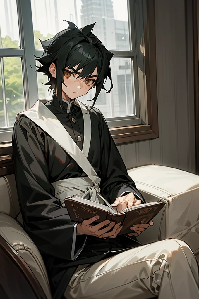 16 year old boy. neat, thick, short, black hair. Almond brown eyes. good jawline. diamond face. straight cut eyebrows. reading a book and sitting. sitting by the window and it's raining outside. anime demon slayer style.