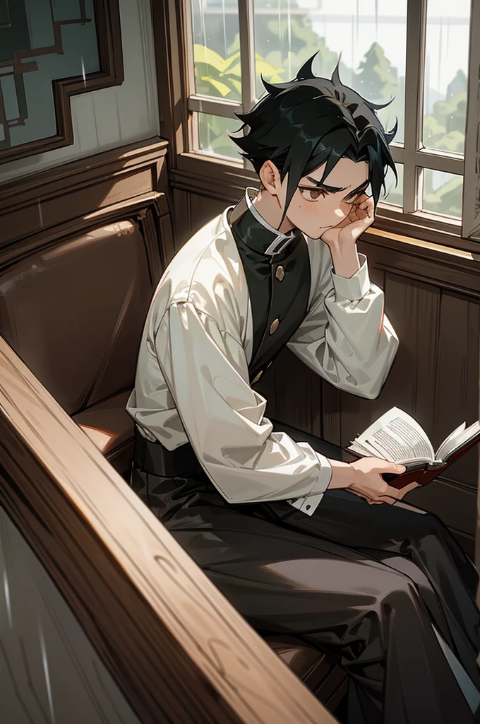 16 year old boy. neat, thick, short, black hair. Almond brown eyes. good jawline. diamond face. straight cut eyebrows. reading a book and sitting. sitting by the window and it's raining outside. anime demon slayer style.