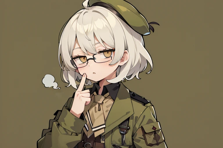 short hair,long ahoge,shirt,White hair,Brown eyes,circle-glasses,Brown tie,brown skirt,dark green beret,Dark green jacket,girl with,steampunkai,sleepeace,retro city background,jitome,fg2h, fingergun,hand to own mouth