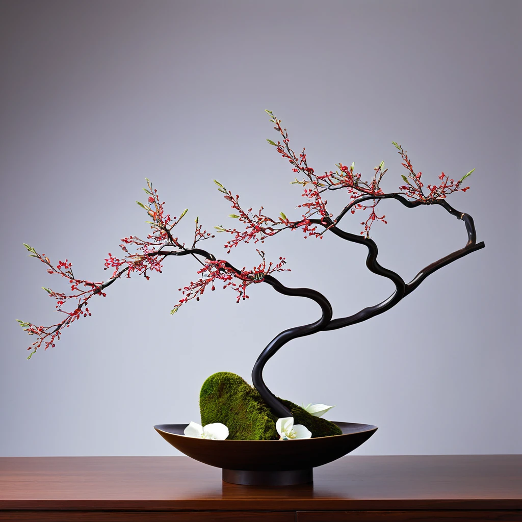 The Rikka (standing flowers) ikebana style was developed as a Buddhist expression of the beauty of landscapes in nature. Key to this style are nine branches that represent elements of nature.