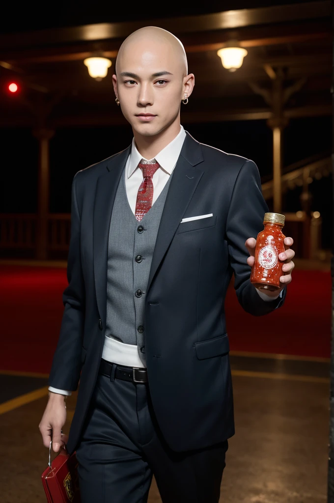 high resolution,2d anime style,Cool guy,Mature look,20th Generation,Skinheads,No hair,Red Eyes,Beautiful watch,earrings,Stylish suits,He smiled,Poker face, Looking at the audience,night,walk,Chili sauce bottle
