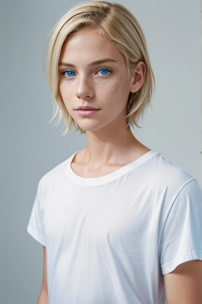 there is a boy with short blond hair, blue eyes, and freckles, wearing a plain blue t-shirt under white gradient background , portrait shot 8 k, shot on canon eos r5, shot on canon eos r 5, shot on nikon z9, taken with sony alpha 9, with accurate face, edited in photoshop, shot with sony alpha, taken with canon 5d mk4, captured on canon eos r 6