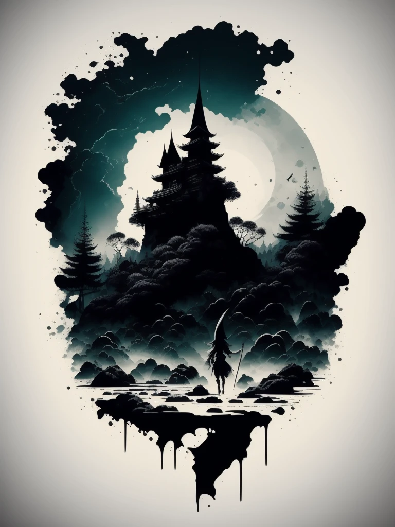 2D t-shirt art, witch, epic illustration, vector, 2d illustration, black backdrop, grayscales, modern colors full gradients, focused, from front view