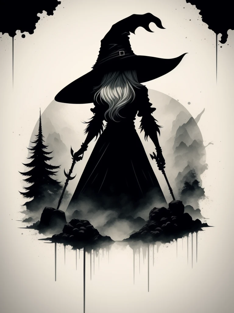 2D t-shirt art, witch, epic illustration, vector, 2d illustration, black backdrop, grayscales, modern colors full gradients, focused, from front view