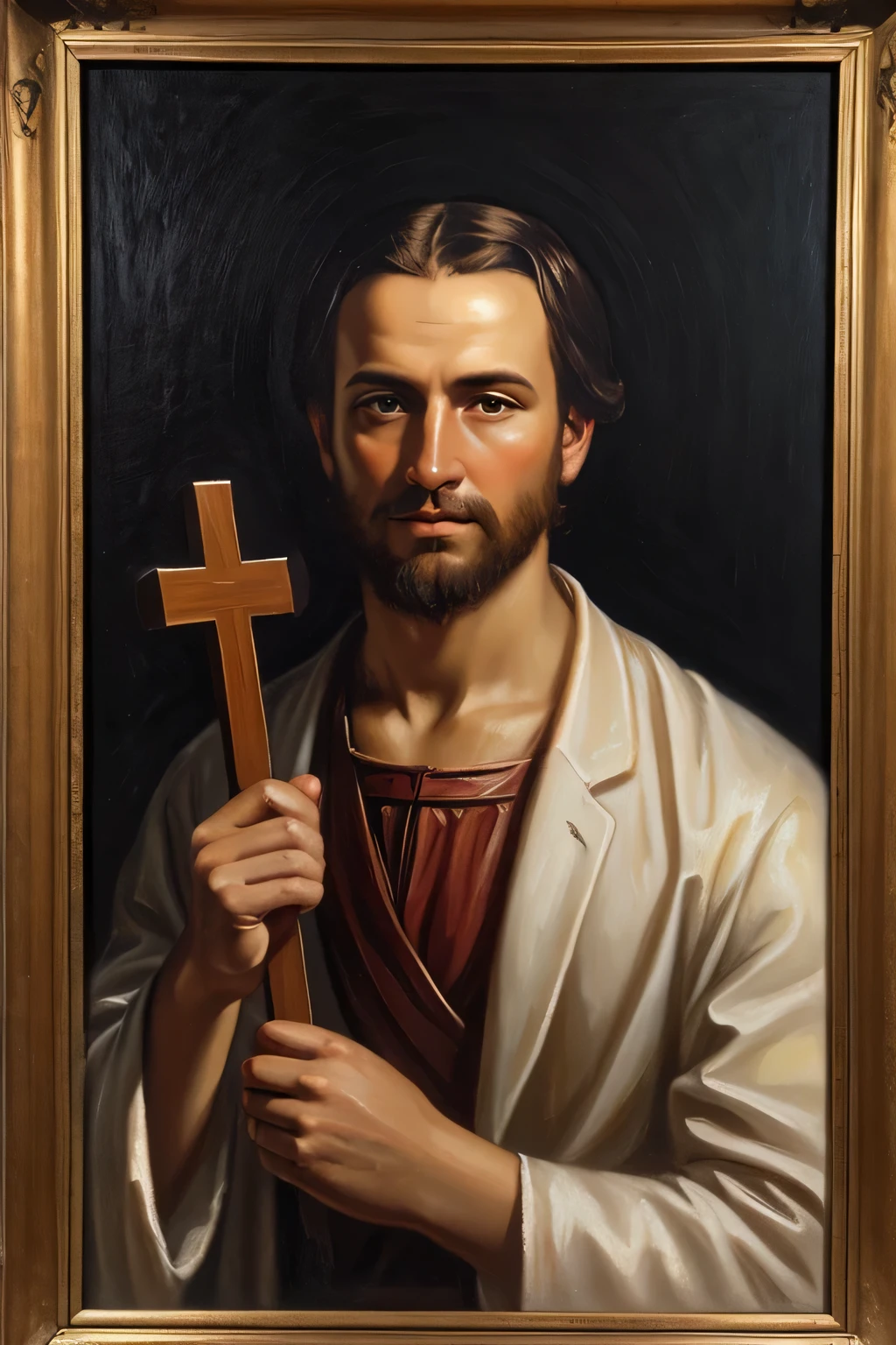 Man with a cross in his hands, Classic portrait, oil painting