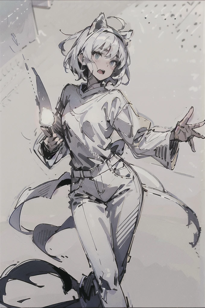 Big cat ears headband ,White simple t-shirt, Simple jeans,(((Dynamic pose))),((Open mouth expression)) , ((masterpiece)),(((Highest quality))),((((sketch)))),((Monochrome)),(Character design sheet), same characters, front, ~ side, return), figure, 1 girl, hair color, bangs, Short Hair, eye, Environmental change scene, Hairstyle Fax, Pose Jitai, woman, Shirt Chansey, star, Shartan Betalora, (simple returnground, white returnground: 1.3), --6