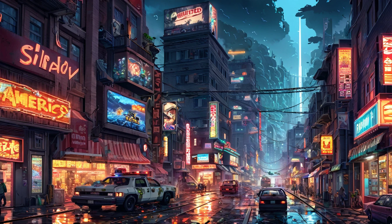 The city street at night was a chaotic mess, with people running in fear amidst blazing shops and erratic cars. Neon lights flickered ominously, casting eerie shadows on the frantic scene unfolding below. Sirens wailed in the distance, their urgent cries echoing through the narrow alleys as emergency responders battled to navigate through the pandemonium. The air was thick with the scent of smoke and fear, creating a surreal atmosphere that underscored the desperate chaos gripping the once serene urban landscape, Landscape, Pixel Art, HDR, High Detailed, America City.