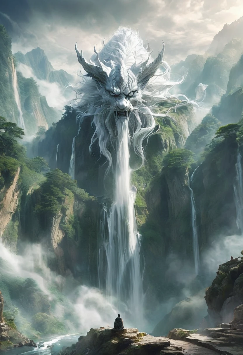 solo,(elder:1.2),(eyes_closed:1.2),kindly,mountain deity,freehand landscape painting,a male image,peak,waterfall,waterfall,gods,immortal,giant gods and mountains merge into one,white hair,white beard,white eyebrows,wrinkle,, masterpiece,best quality,highly detailed,Amazing,finely detail,extremely detailed CG unity 8k wallpaper,score:>=60,, beautiful detailed eyes,Fine hair texture,, incredibly absurdres,wallpaper,realistic,real,photo,landscape,foreshortening,xianxia
