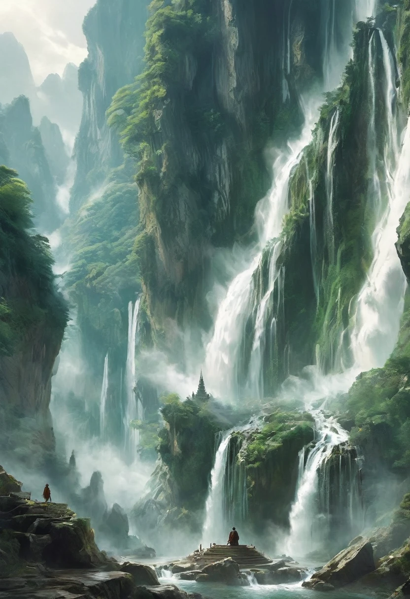 solo,(elder:1.2),(eyes_closed:1.2),kindly,mountain deity,freehand landscape painting,a male image,peak,waterfall,waterfall,gods,immortal,giant gods and mountains merge into one,white hair,white beard,white eyebrows,wrinkle,, masterpiece,best quality,highly detailed,Amazing,finely detail,extremely detailed CG unity 8k wallpaper,score:>=60,, beautiful detailed eyes,Fine hair texture,, incredibly absurdres,wallpaper,realistic,real,photo,landscape,foreshortening,xianxia