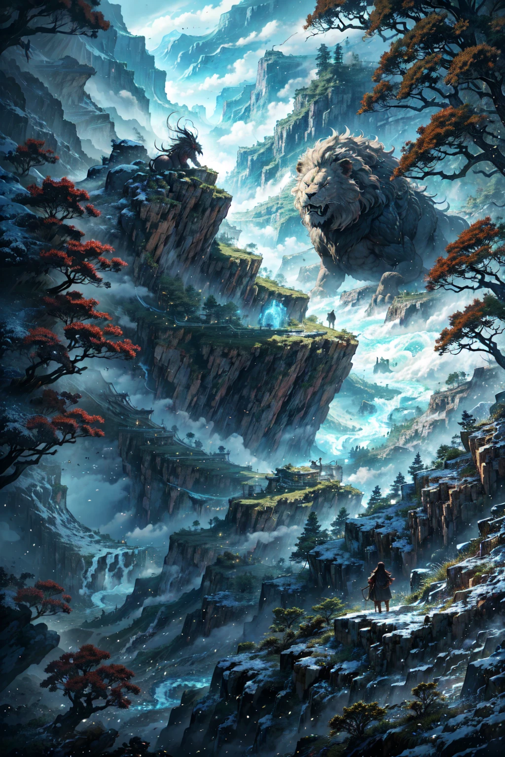 A large quadruped monster sleeping on a steep rocky mountain,Waterfall from the back, thunderstorm, storm, Vision, Mysterious Clouds, cliff, fog, wood,dream, Fantasy, monsters, lion, monsters, tooth, simple, flat desinge, dahuangdongjing
