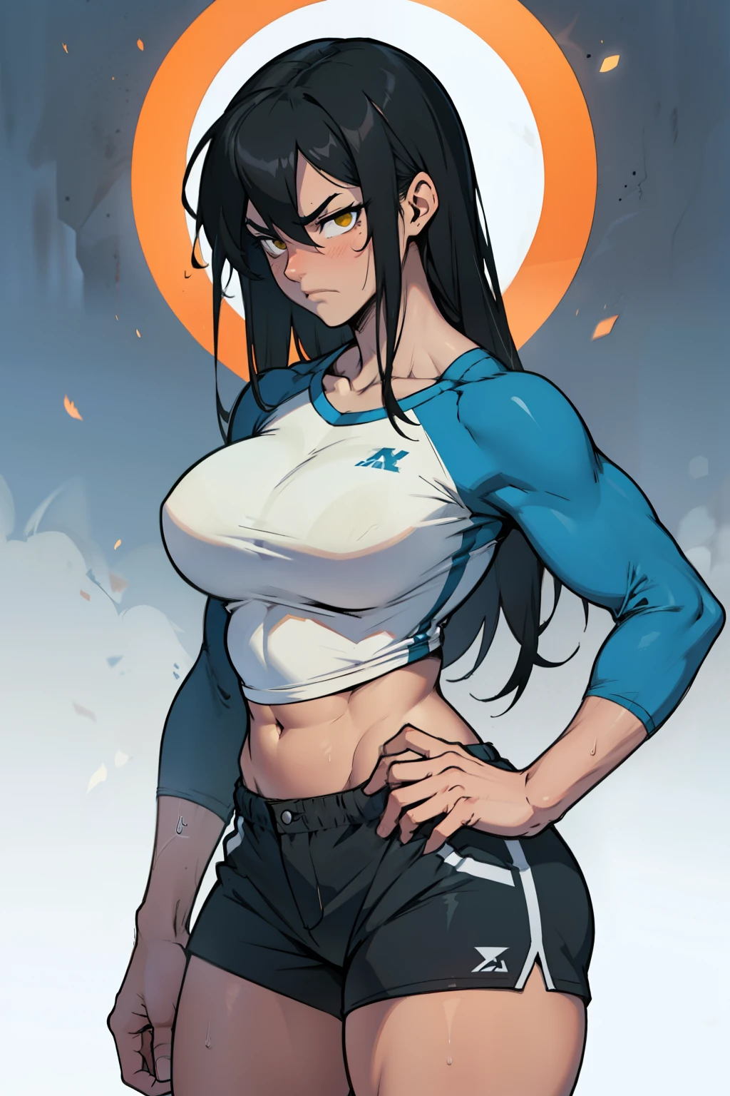 thick thighs wide hips muscular toned body massive breasts athletic girl black hair yellow eyes pale skin massive hair sad frown disappointed expressionless long sleeve tight shirt tight shorts