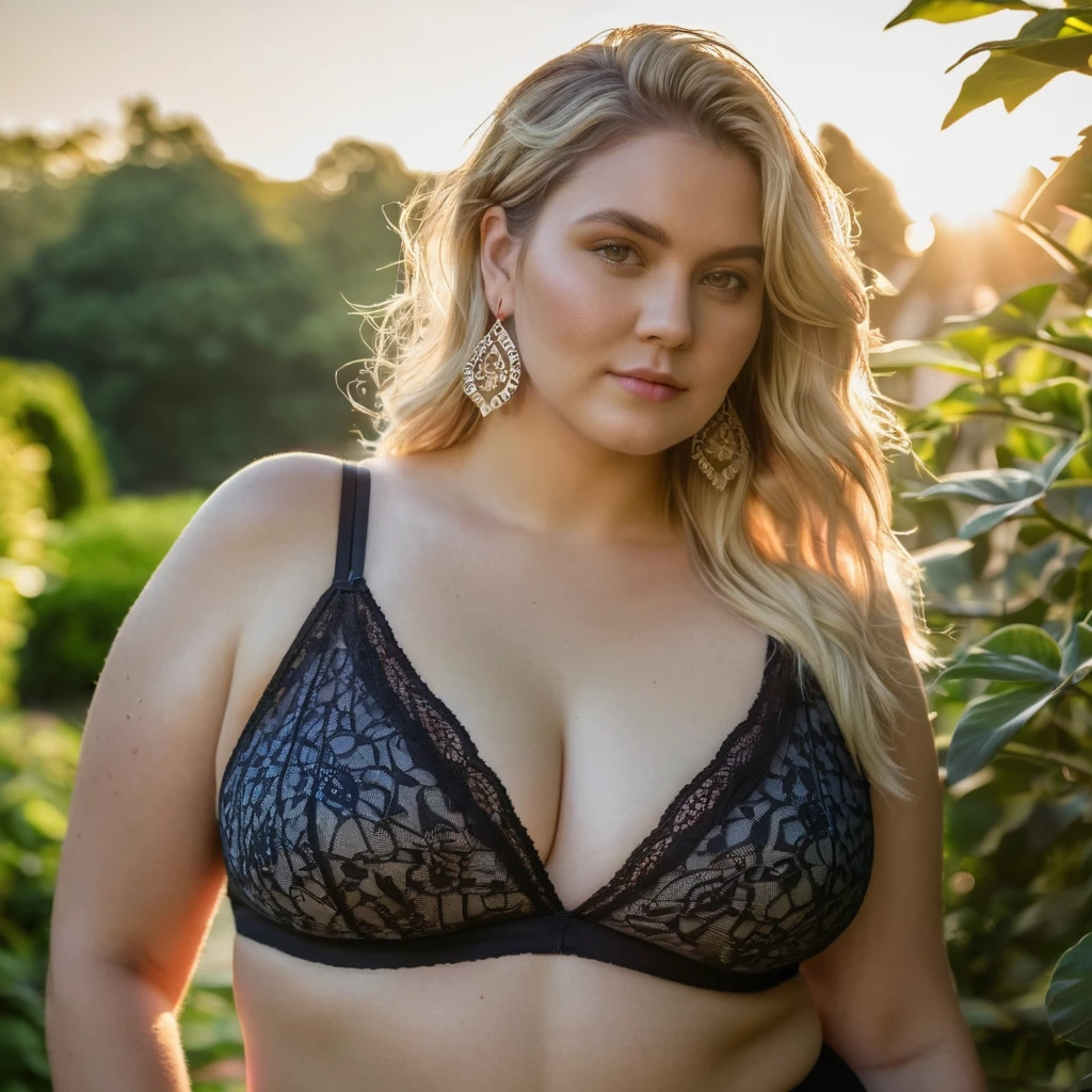 (upper body) (plus size:1.1) blonde woman earrings wearing (loose cheap bralette:1.5), (cleavage:1.5), (large boobs:1.2), (sagging boobs:1.6), (ultra detailed skin:1.1), extremely detailed, garden with morning light scenery, warm lighting, canon lens, shot on dslr, 64 megapixels, sharp focus, (photorealistic:1.3)