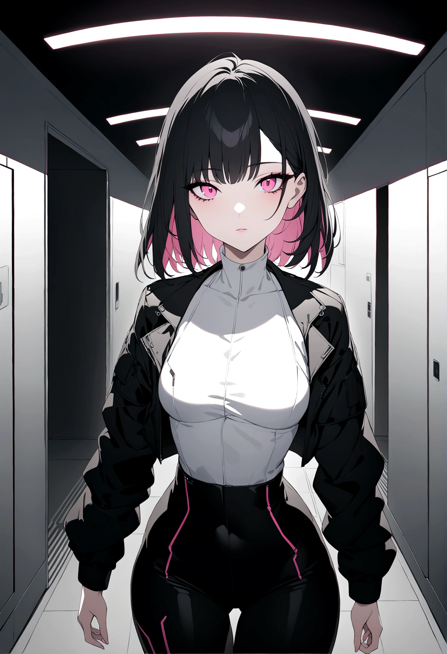 (masterpiece, 32k, 8k, white laboratory corridor setting, character walking towards the viewer) woman, 26 years old, naturally beautiful face, long black hair with pink highlights, cyberpunk outfit, eyes of different colors