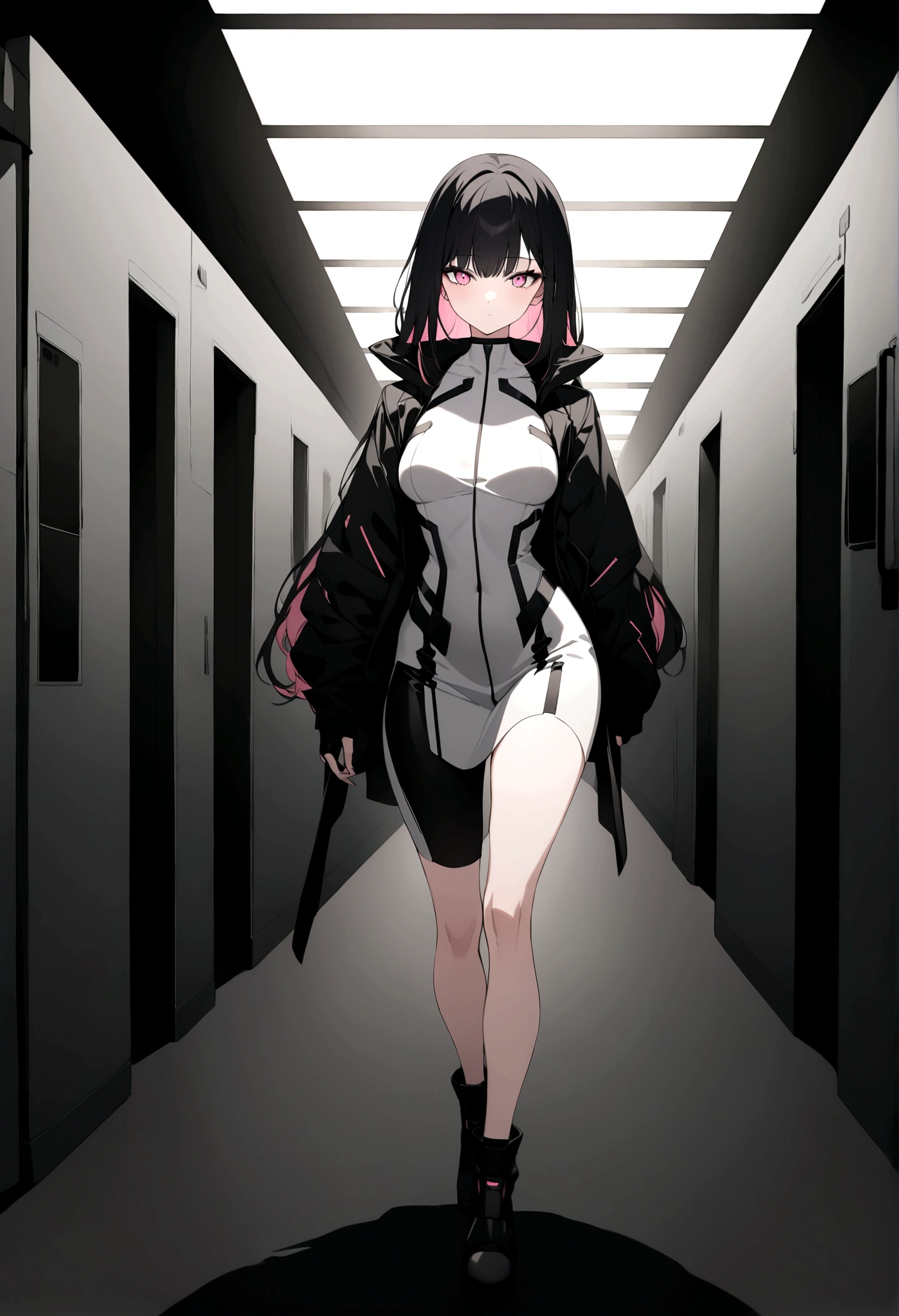 (masterpiece, 32k, 8k, white laboratory corridor setting, character walking towards the viewer) woman, 26 years old, naturally beautiful face, long black hair with pink highlights, cyberpunk outfit, eyes of different colors