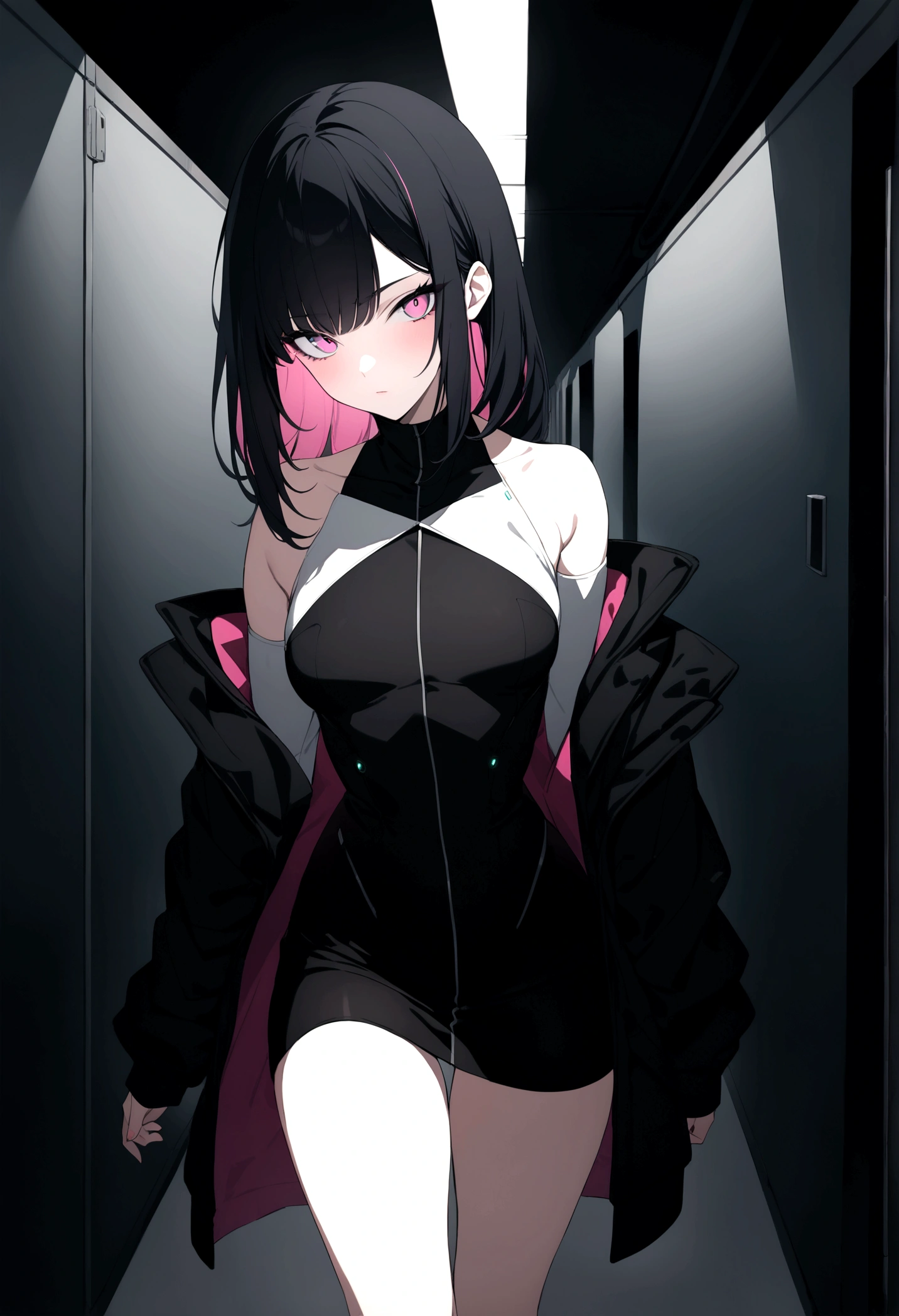 (masterpiece, 32k, 8k, white laboratory corridor setting, character walking towards the viewer) woman, 26 years old, naturally beautiful face, long black hair with pink highlights, cyberpunk outfit, eyes of different colors