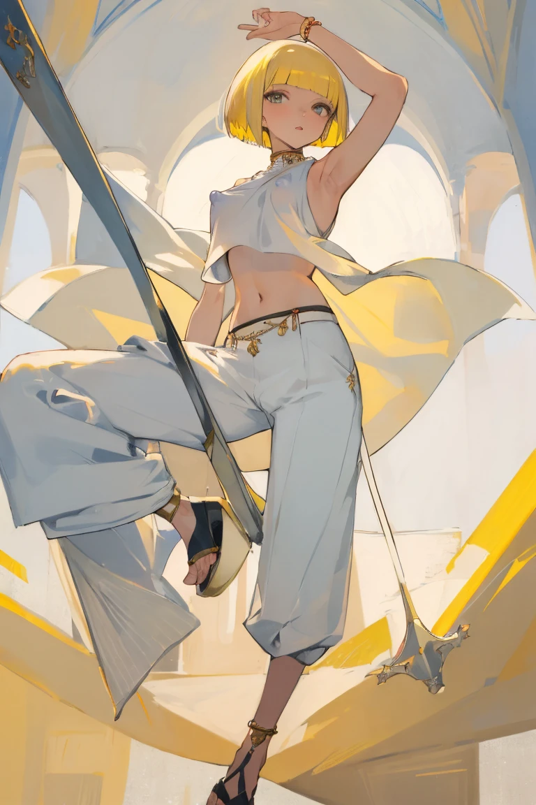 ((Highest quality)), ((masterpiece)), (be familiar with),woman,thin,Yellow Hair,Bobcut,Perm,sleeveless white sweater,{{{Erect nipples}}},shawl,pants,anklet