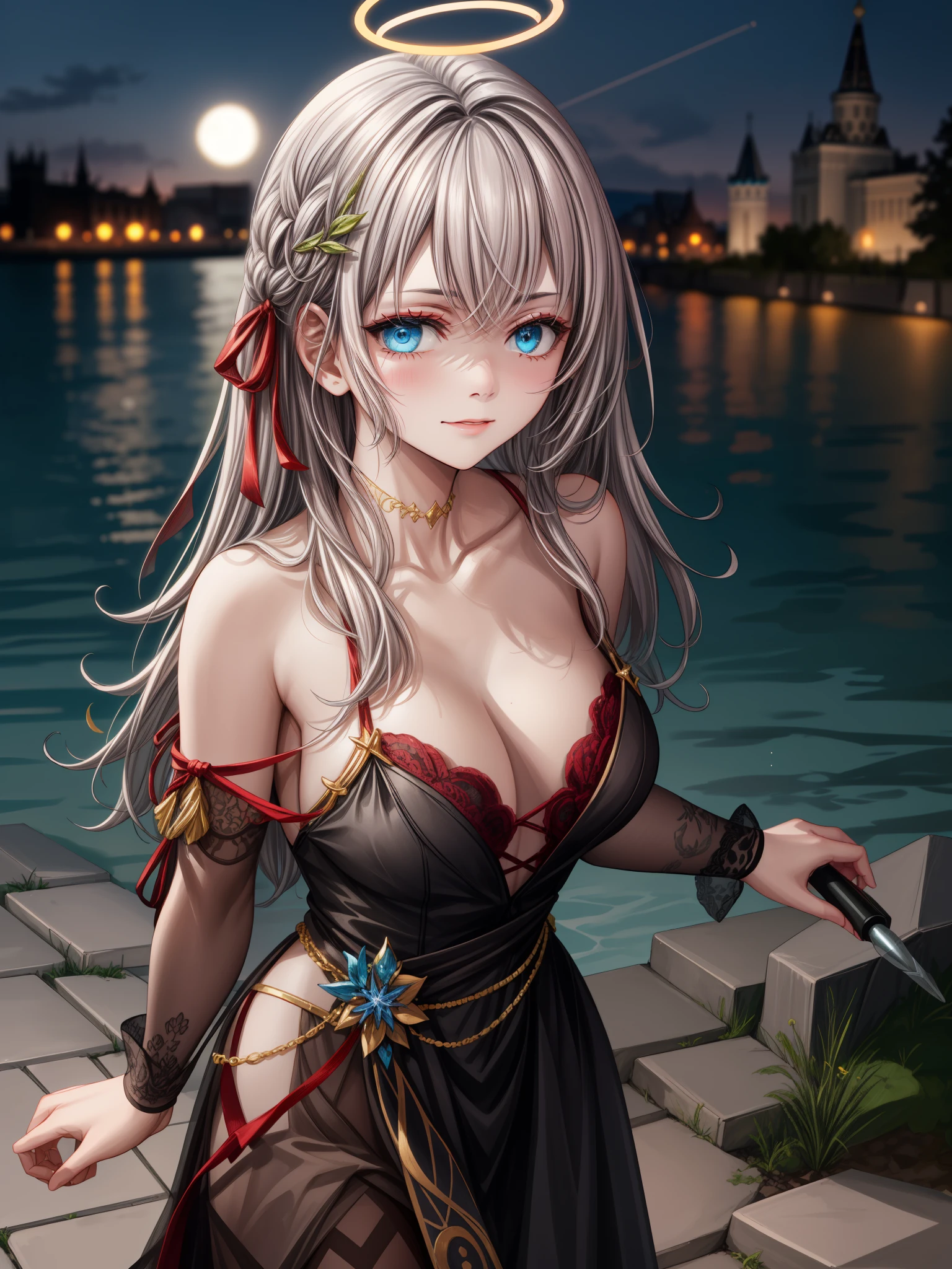 

(1girl), (masterpiece), (best quality), ((looking at the viewer)),((facing the viewer))

Her hair, as white as the moon, cascades in soft waves over her shoulders, capturing light subtly and adding a halo of mystery to her figure. Her eyes, blue as a tranquil ocean, sparkle with a mischievous glint and a seduction barely contained. When she looks directly at you, her gaze penetrates with a captivating intensity, inviting the observer to uncover the secrets hidden behind her serene facade.

Her face is softly sculpted, with delicately defined cheekbones and soft lips that curve into a suggestive smile. Her pale, perfectly cared-for skin enhances the purity of her features, while her black dress, adorned with intricate golden details, embraces her figure with elegance, revealing just enough to suggest but not to fully disclose.

Walking with feline grace, each movement of her body exudes a sensual confidence and an air of mystery. Her presence not only attracts glances but also leaves an indelible impression on those who cross her path in the vibrant night of Moscow.