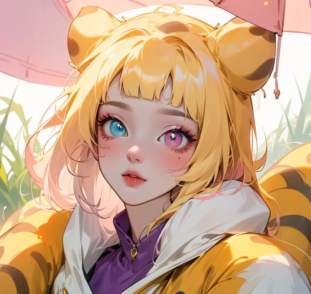 (high quality) (Best Quality) (Una Women) (correct physiognomy) (perfect pupils) (Perfect eyes) Women, crimson red hair, long collected in two buns with bangs on the forehead, eyes with heterochromia, one light red eye with a small heart in the iris and another eye with white color , sensitive lips, female appearance, soft facial features, thin eyebrows, soft skin, rosy cheeks, pink lips, silky eyelashes, dreamy expression, middle age, youth clothing, glitter sweatshirt, photo illuminated by sunlight, Women en un campo de girasoles