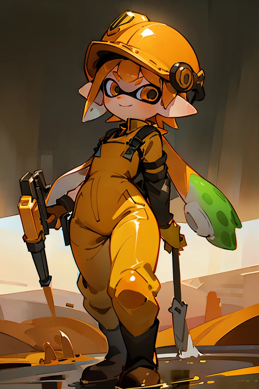 masterpiece、Highest quality、High resolution、Ultra-detailed situational art、Real Anime、3d、(Splatoon girl wearing orange construction work clothes)、((Orange jumpsuit、Orange long overalls))、Black safety belt on shoulder、Black harness belt、((Green rubber boots、Green rubber gloves、orange helmet))、Dam construction、Walking on the water、Waterlogged ground、Golden Eyes、Golden tentacle hair、A slightly thinner face、smile、Daytime、The background is the horizon of the dam、