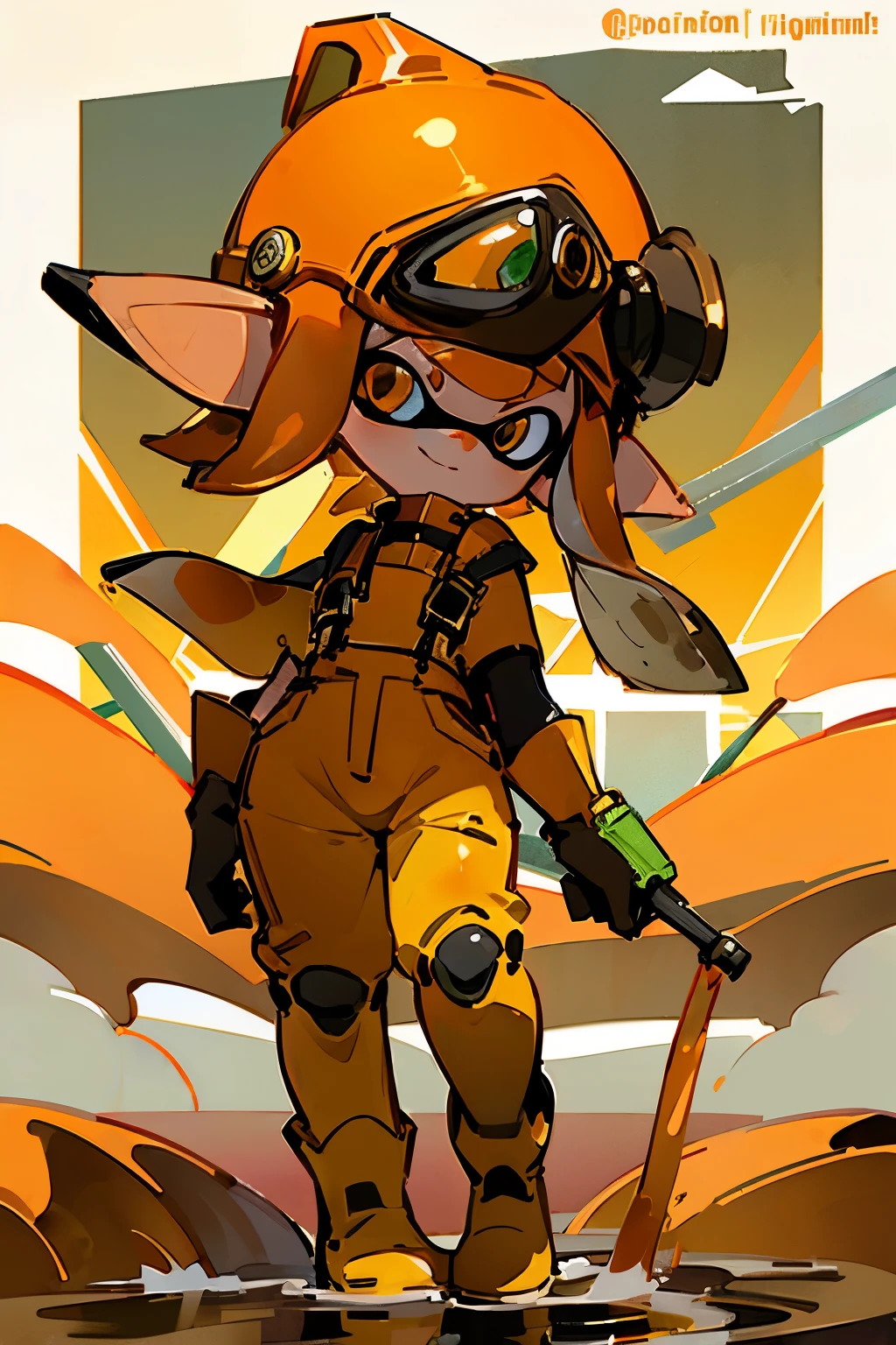 masterpiece、Highest quality、High resolution、Ultra-detailed situational art、Real Anime、3d、(Splatoon girl wearing orange construction work clothes)、((Orange jumpsuit、Orange long overalls))、Black safety belt on shoulder、Black harness belt、((Green rubber boots、Green rubber gloves、orange helmet))、Dam construction、Walking on the water、Waterlogged ground、Golden Eyes、Golden tentacle hair、A slightly thinner face、smile、Daytime、The background is the horizon of the dam、