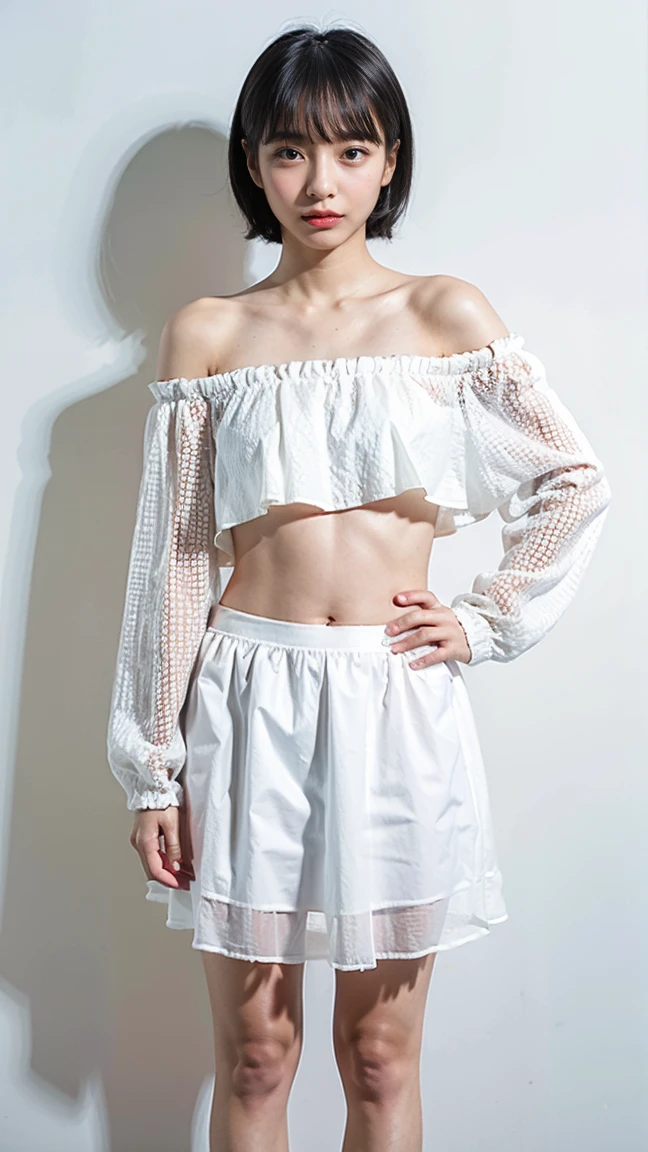 (8K、RAW Photos、Highest quality、masterpiece:1.2)、(Realistic、Realistic)、1 Girl、((hill、Off the shoulder、belly button、、Black Andal、See-through、Frills、Look forward、Stand with hands on hips))、