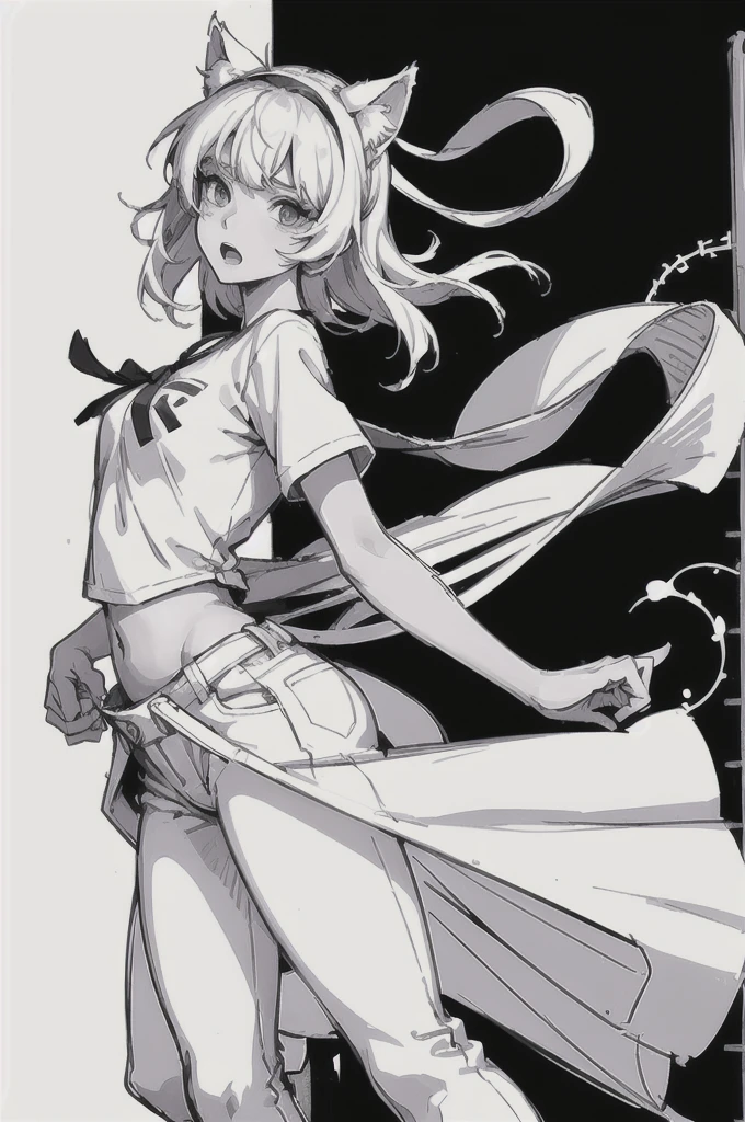 Big cat ears headband ,White simple t-shirt, Simple jeans,(((Dynamic pose))),((Open mouth expression)) , ((masterpiece)),(((Highest quality))),((((sketch)))),((Monochrome)),(Character design sheet), same characters, front, ~ side, return), figure, 1 girl, hair color, bangs, Short Hair, eye, Environmental change scene, Hairstyle Fax, Pose Jitai, woman, Shirt Chansey, star, Shartan Betalora, (simple returnground, white returnground: 1.3), --6