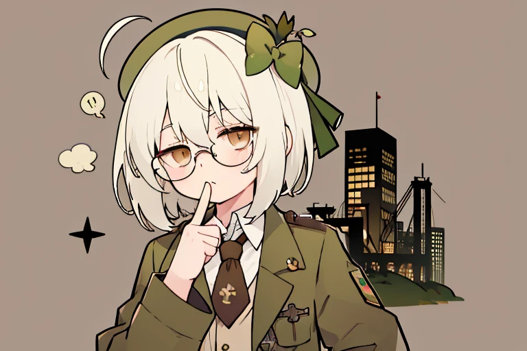short hair,long ahoge,shirt,White hair,Brown eyes,circle-glasses,Brown tie,brown skirt,dark green beret,Dark green jacket,girl with,steampunkai,sleepeace,retro city background,jitome,fg2h, fingergun,hand to own mouth