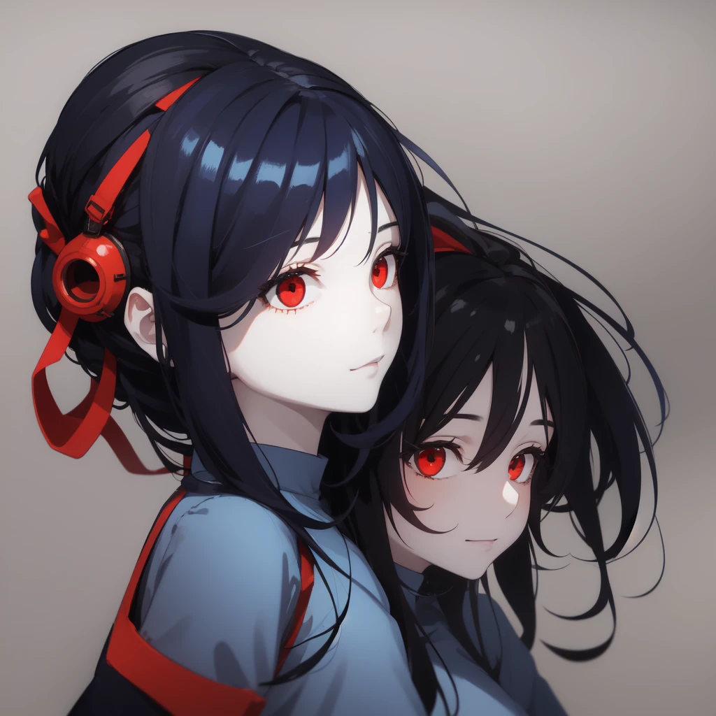 girl with many blue and red capsules floating, slight smile, red eyes, very pale skin, black hair.