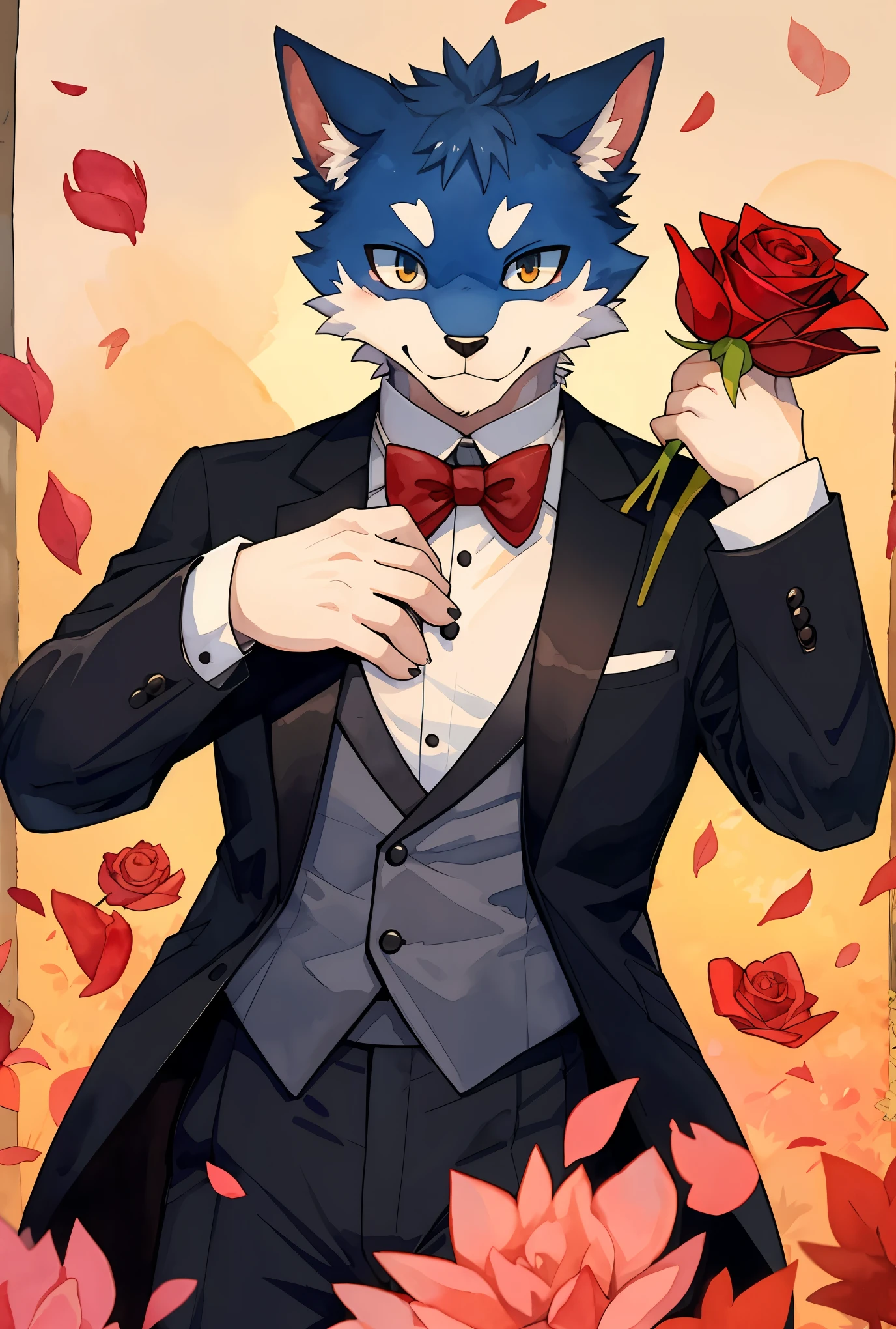 Watercolor elements, 1boy, kemono, furry, detailed body fur, animal face, animal hand, Handsome boy in tuxedo holding a red rose and looking at viewer,