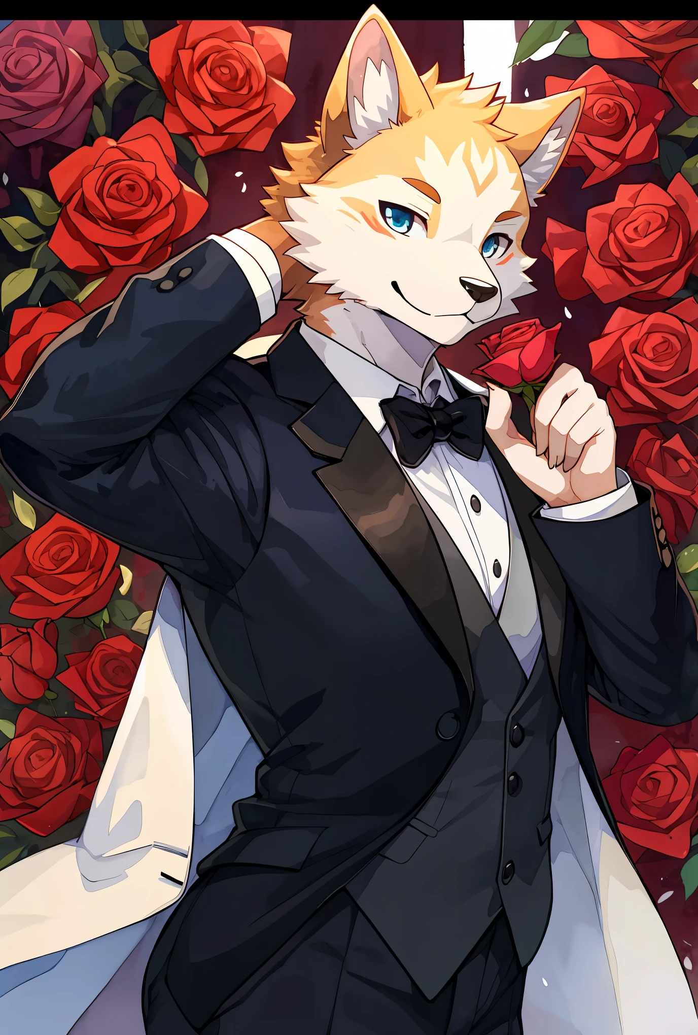 Watercolor elements, 1boy, kemono, furry, detailed body fur, animal face, animal hand, Handsome boy in tuxedo holding a red rose and looking at viewer,