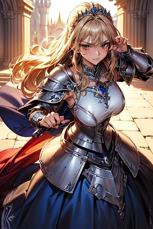 solo,masterpiece, extra limbs, 1lady, 25 years old, ((gold long high ponytail:1.5)), gold pubic hair, slant blue eyes, medium pointy breasts large areolas, muscle, serious, standing,(whith a Holy sword:1.8), (((clothed plate armor knight cape))),
