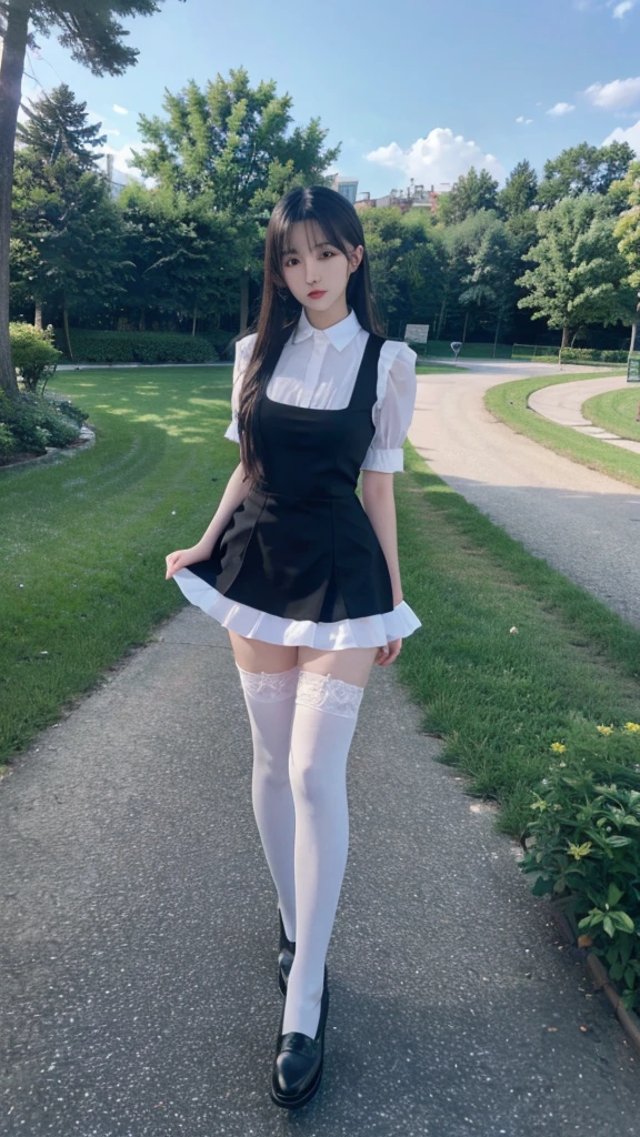masterpiece,best quality,extremely detailed 8K wallpaper,1girl,black dress,white thighhighs,pov,looking at viewer,standing,upper body,outdoors,