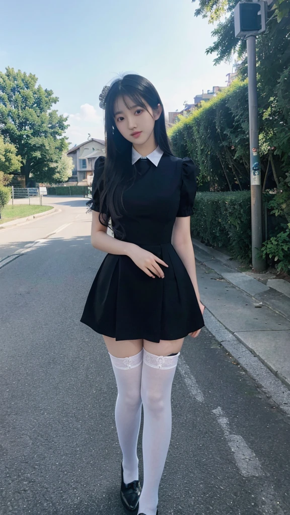 masterpiece,best quality,extremely detailed 8K wallpaper,1girl,black dress,white thighhighs,pov,looking at viewer,standing,upper body,outdoors,