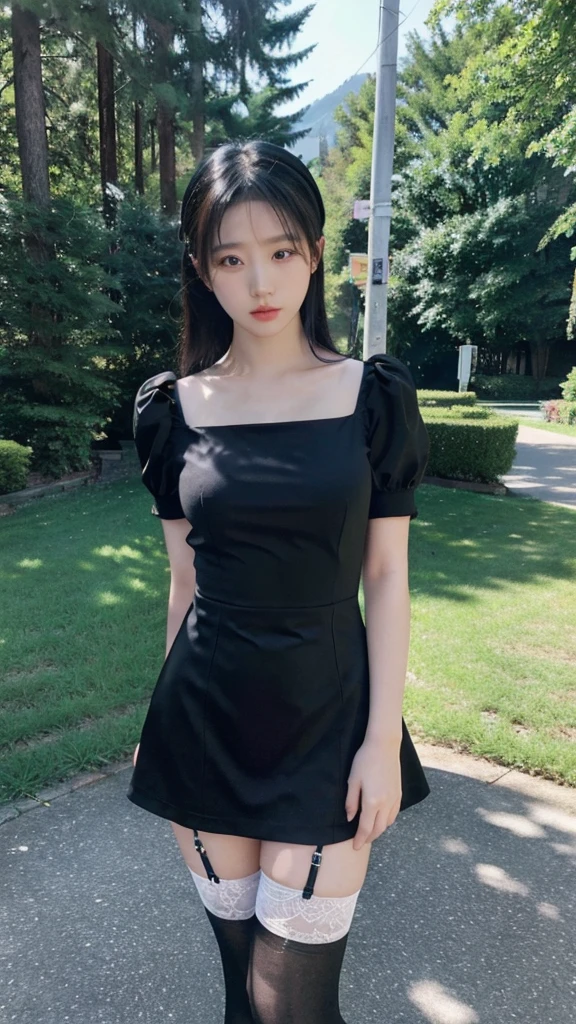 masterpiece,best quality,extremely detailed 8K wallpaper,1girl,black dress,white thighhighs,pov,looking at viewer,standing,upper body,outdoors,