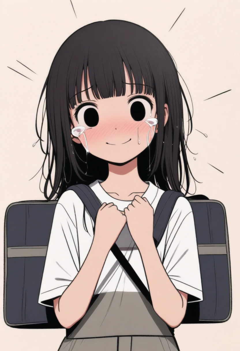 masterpiece, best quality, 1girl, mamerakkkkko, manga style, japanese, chi no wadachi, black eyes, street, iced, black hair, schoolbag, smile, lineart, white background, white shirt, grey shorts, centered, 18 years old, tall, fair skinned, bokeh background, crying, tears, straight-on, tears streaming