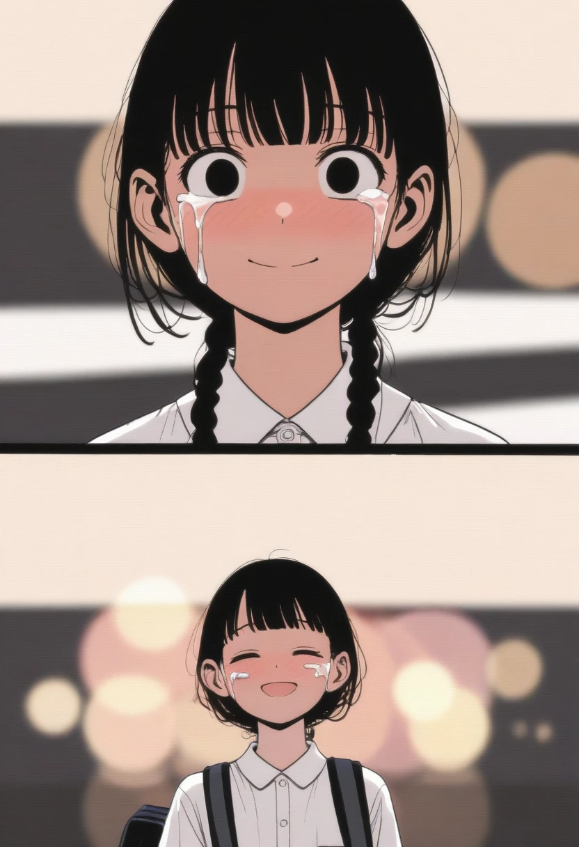 masterpiece, best quality, 1girl, mamerakkkkko, manga style, japanese, chi no wadachi, black eyes, street, iced, black hair, schoolbag, smile, lineart, white background, white shirt, grey shorts, centered, 18 years old, tall, fair skinned, bokeh background, crying, tears, straight-on, tears streaming