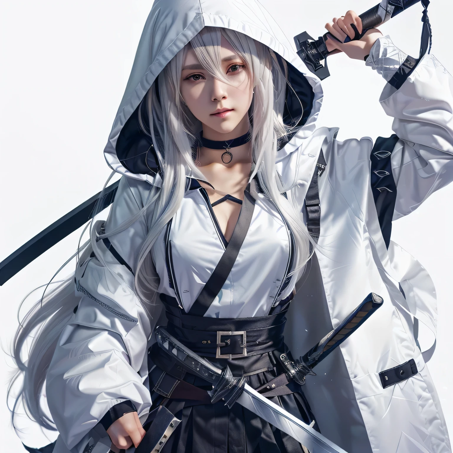 anime girl with a sword and hood holding two swords, dos arknights, arknights, detailed anime character art, white hair deity, anime character art, female anime character, anime character, clean and detailed anime art, white hair, girls front line style, 4K anime-style, de white hair, female action anime girl, Badass anime 8 K, of the girls on the front line